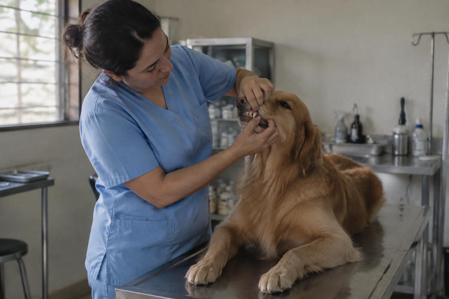 Imagen ilustrativa generada con IA de un perro durante una limpieza dental veterinaria